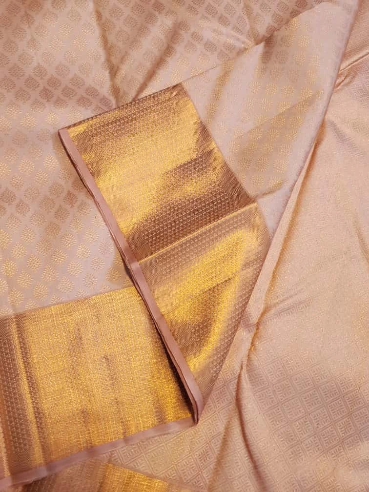 2GPure Kanjivaram Silk Saree in Soft Peach with Fine Copper Zari Buttas & Rich Copper Zari Border | Silkmark Certified