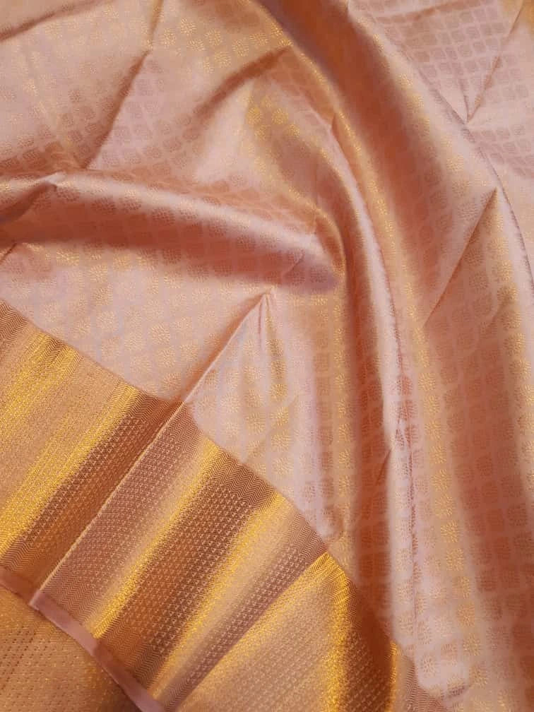 2GPure Kanjivaram Silk Saree in Soft Peach with Fine Copper Zari Buttas & Rich Copper Zari Border | Silkmark Certified
