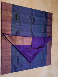 2G Pure Kanjivaram Silk Saree in Peacock Blue with Purple Zari Buttas & Rich Purple Zari Border | Silkmark Certified