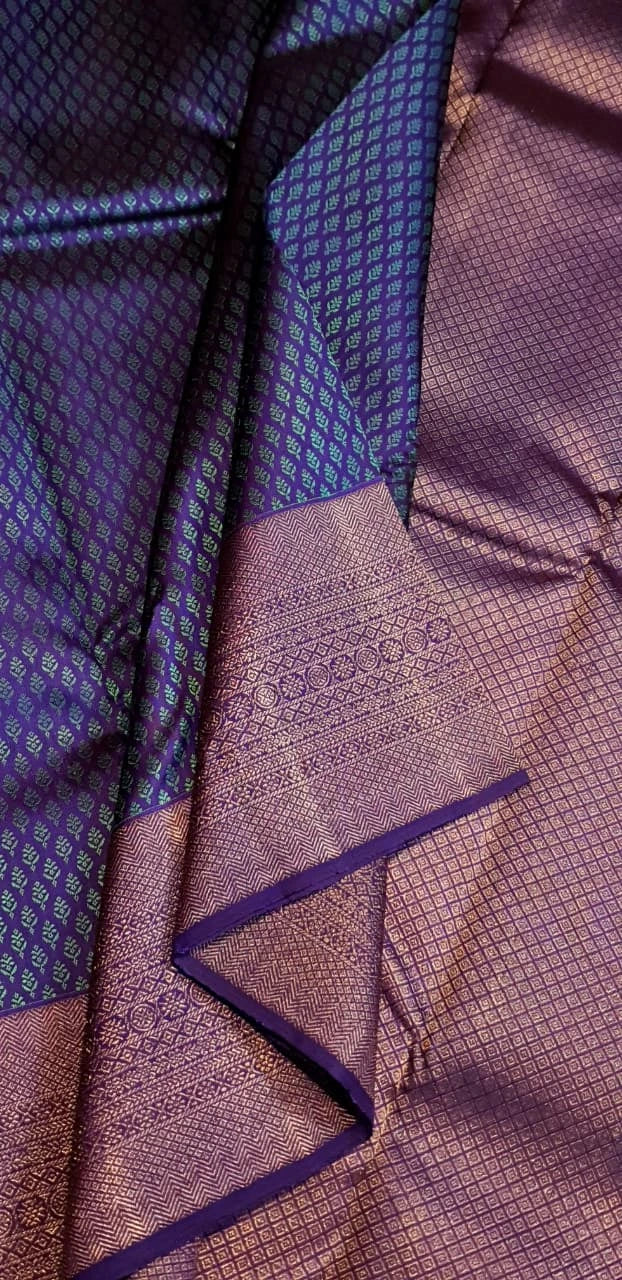 2G Pure Kanjivaram Silk Saree in Peacock Blue with Purple Zari Buttas & Rich Purple Zari Border | Silkmark Certified