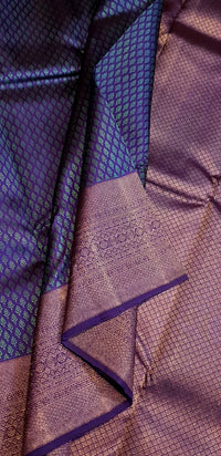 2G Pure Kanjivaram Silk Saree in Peacock Blue with Purple Zari Buttas & Rich Purple Zari Border | Silkmark Certified