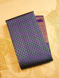 2G Pure Kanjivaram Silk Saree in Peacock Blue with Purple Zari Buttas & Rich Purple Zari Border | Silkmark Certified