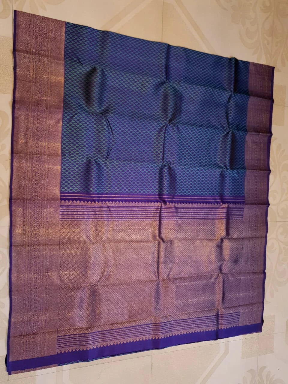 2G Pure Kanjivaram Silk Saree in Peacock Blue with Purple Zari Buttas & Rich Purple Zari Border | Silkmark Certified