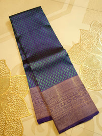2G Pure Kanjivaram Silk Saree in Peacock Blue with Purple Zari Buttas & Rich Purple Zari Border | Silkmark Certified