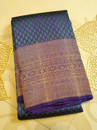 2G Pure Kanjivaram Silk Saree in Peacock Blue with Purple Zari Buttas & Rich Purple Zari Border | Silkmark Certified