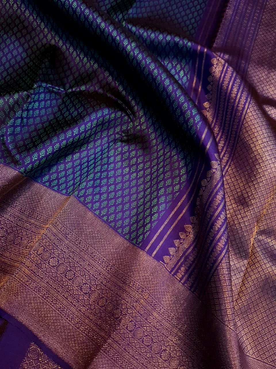 2G Pure Kanjivaram Silk Saree in Peacock Blue with Purple Zari Buttas & Rich Purple Zari Border | Silkmark Certified