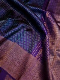 2G Pure Kanjivaram Silk Saree in Peacock Blue with Purple Zari Buttas & Rich Purple Zari Border | Silkmark Certified