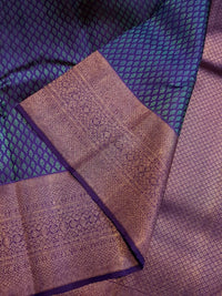 2G Pure Kanjivaram Silk Saree in Peacock Blue with Purple Zari Buttas & Rich Purple Zari Border | Silkmark Certified