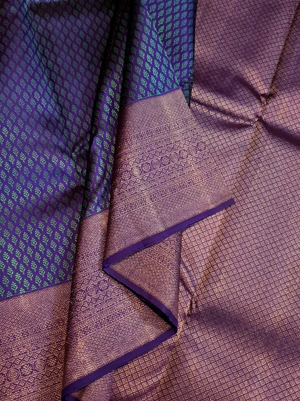 2G Pure Kanjivaram Silk Saree in Peacock Blue with Purple Zari Buttas & Rich Purple Zari Border | Silkmark Certified
