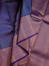 2G Pure Kanjivaram Silk Saree in Peacock Blue with Purple Zari Buttas & Rich Purple Zari Border | Silkmark Certified