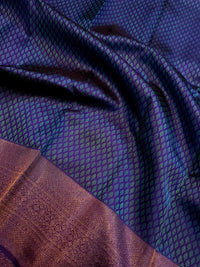 2G Pure Kanjivaram Silk Saree in Peacock Blue with Purple Zari Buttas & Rich Purple Zari Border | Silkmark Certified