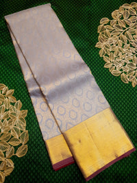 2G Pure Kanjivaram Silk Saree in Silver Grey with Gold Zari Floral Motifs & Rich Gold Zari Border | Silkmark Certified