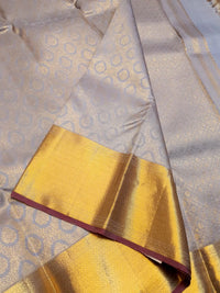 2G Pure Kanjivaram Silk Saree in Silver Grey with Gold Zari Floral Motifs & Rich Gold Zari Border | Silkmark Certified