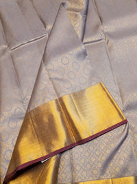 2G Pure Kanjivaram Silk Saree in Silver Grey with Gold Zari Floral Motifs & Rich Gold Zari Border | Silkmark Certified