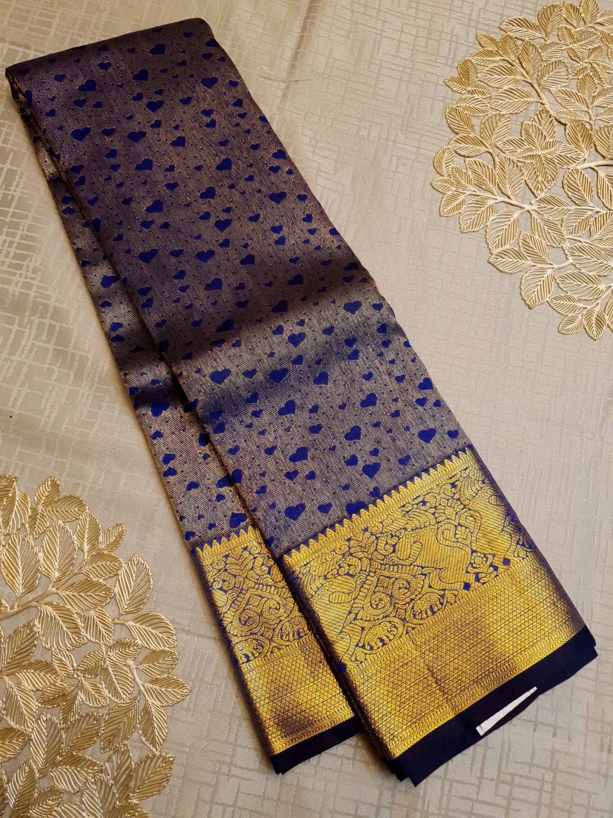 2G Pure Kanjivaram Silk Saree in Antique Grey with Royal Blue Heart Buttas & Rich Gold Zari Border | Silkmark Certified
