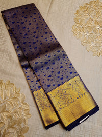 2G Pure Kanjivaram Silk Saree in Antique Grey with Royal Blue Heart Buttas & Rich Gold Zari Border | Silkmark Certified