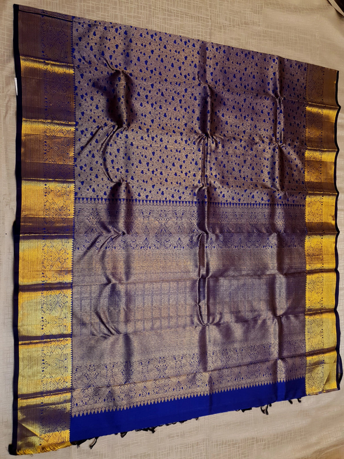 2G Pure Kanjivaram Silk Saree in Antique Grey with Royal Blue Heart Buttas & Rich Gold Zari Border | Silkmark Certified