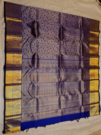 2G Pure Kanjivaram Silk Saree in Antique Grey with Royal Blue Heart Buttas & Rich Gold Zari Border | Silkmark Certified