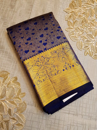 2G Pure Kanjivaram Silk Saree in Antique Grey with Royal Blue Heart Buttas & Rich Gold Zari Border | Silkmark Certified