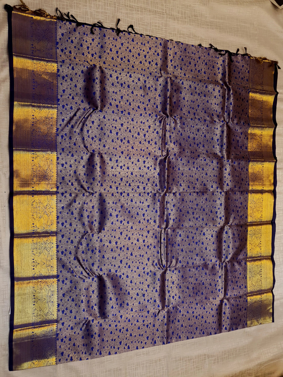 2G Pure Kanjivaram Silk Saree in Antique Grey with Royal Blue Heart Buttas & Rich Gold Zari Border | Silkmark Certified