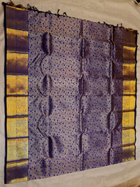 2G Pure Kanjivaram Silk Saree in Antique Grey with Royal Blue Heart Buttas & Rich Gold Zari Border | Silkmark Certified