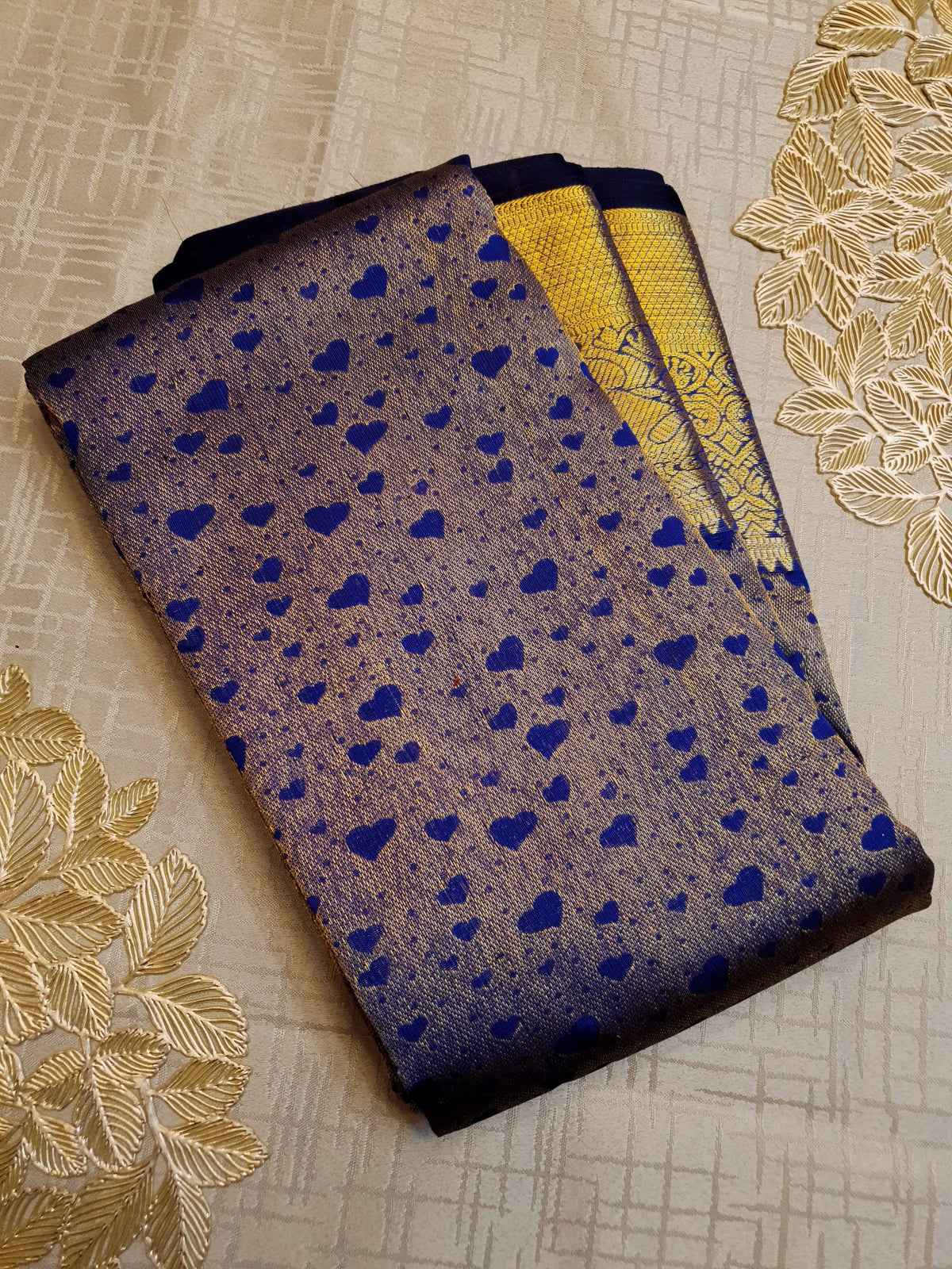 2G Pure Kanjivaram Silk Saree in Antique Grey with Royal Blue Heart Buttas & Rich Gold Zari Border | Silkmark Certified