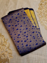 2G Pure Kanjivaram Silk Saree in Antique Grey with Royal Blue Heart Buttas & Rich Gold Zari Border | Silkmark Certified