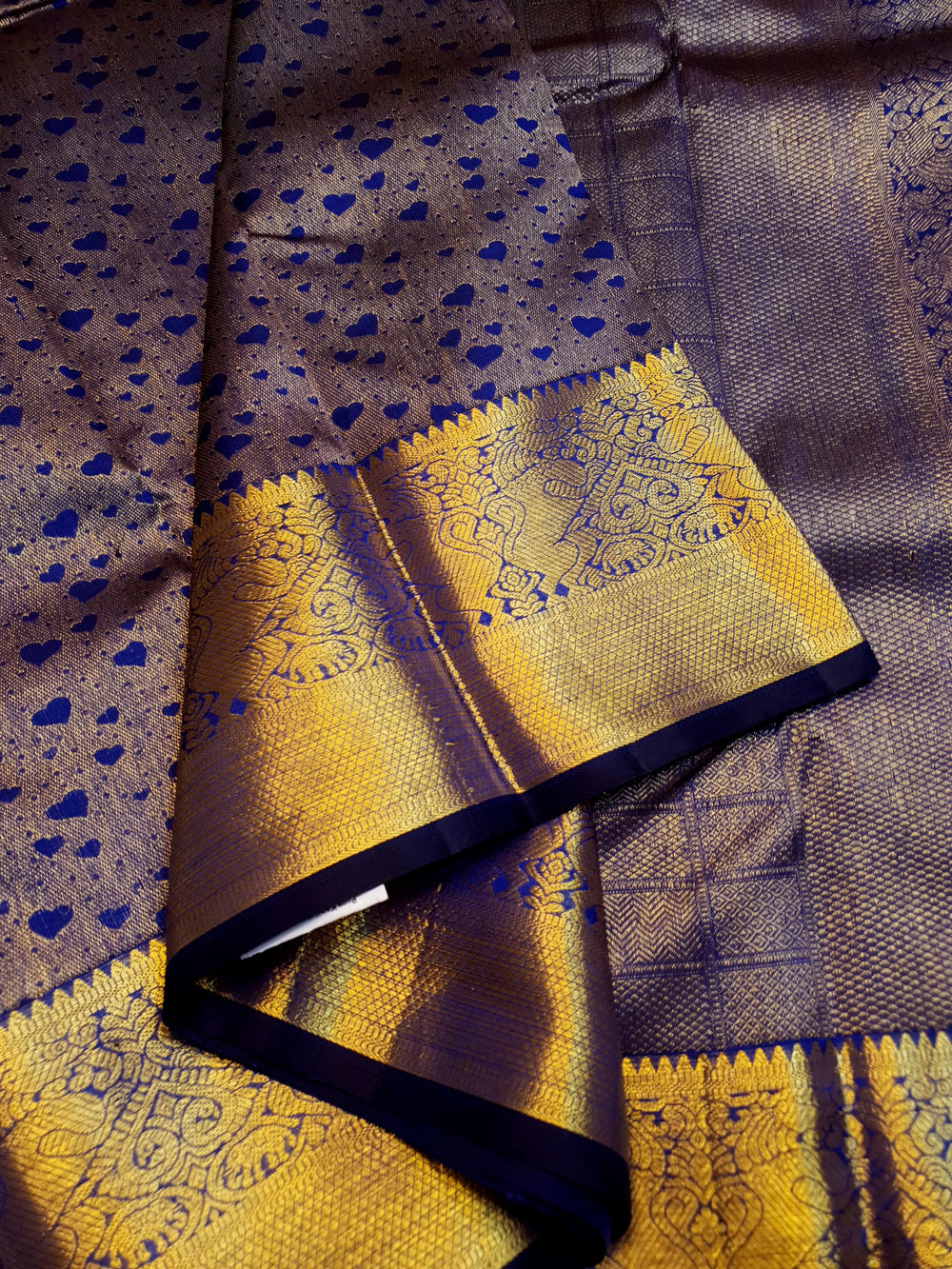 2G Pure Kanjivaram Silk Saree in Antique Grey with Royal Blue Heart Buttas & Rich Gold Zari Border | Silkmark Certified