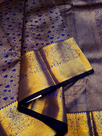 2G Pure Kanjivaram Silk Saree in Antique Grey with Royal Blue Heart Buttas & Rich Gold Zari Border | Silkmark Certified