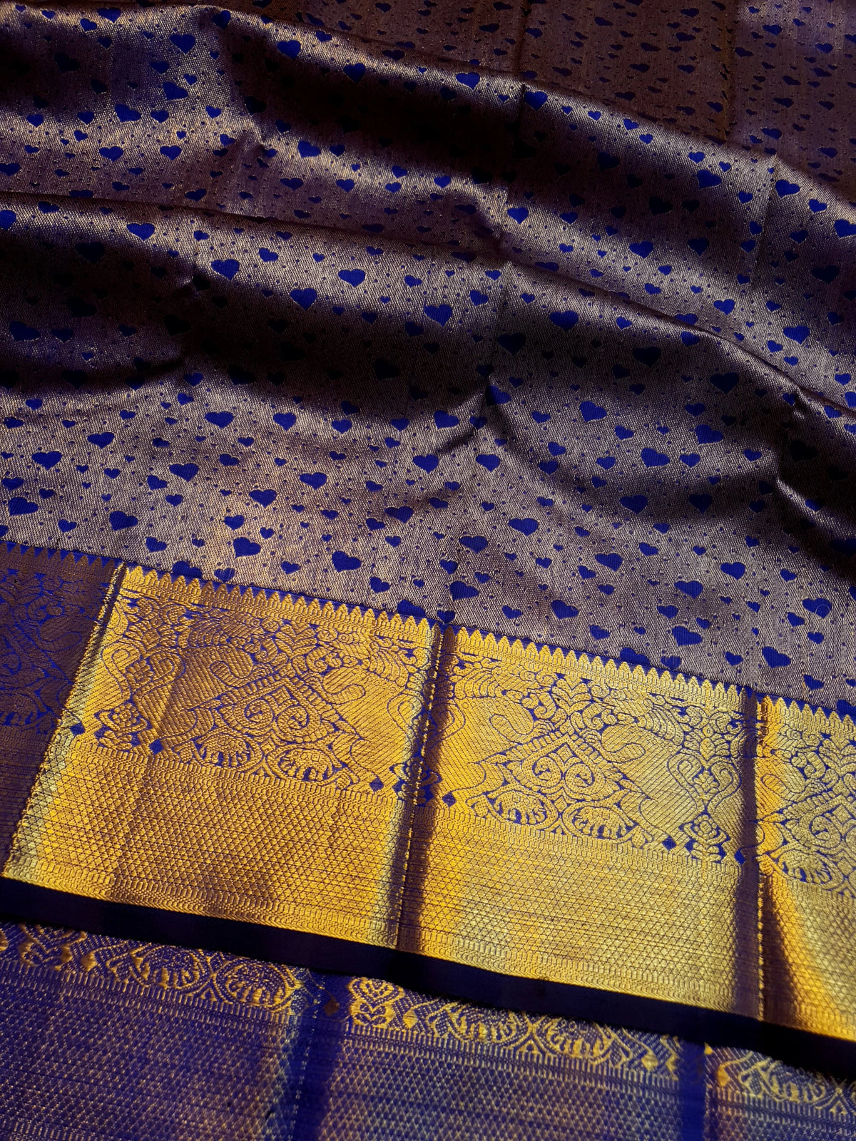 2G Pure Kanjivaram Silk Saree in Antique Grey with Royal Blue Heart Buttas & Rich Gold Zari Border | Silkmark Certified