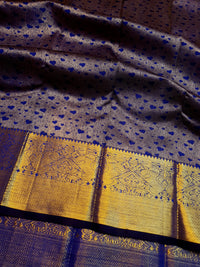 2G Pure Kanjivaram Silk Saree in Antique Grey with Royal Blue Heart Buttas & Rich Gold Zari Border | Silkmark Certified