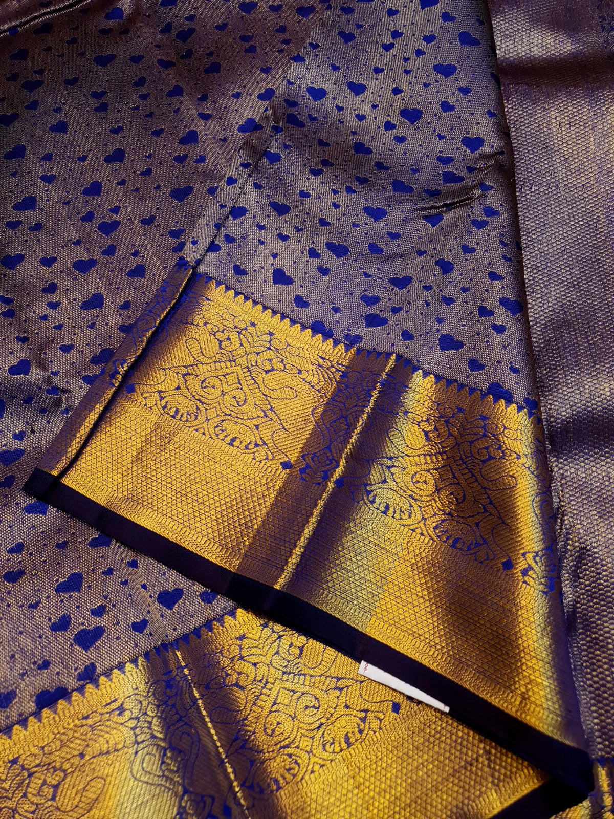 2G Pure Kanjivaram Silk Saree in Antique Grey with Royal Blue Heart Buttas & Rich Gold Zari Border | Silkmark Certified
