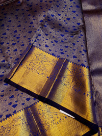 2G Pure Kanjivaram Silk Saree in Antique Grey with Royal Blue Heart Buttas & Rich Gold Zari Border | Silkmark Certified