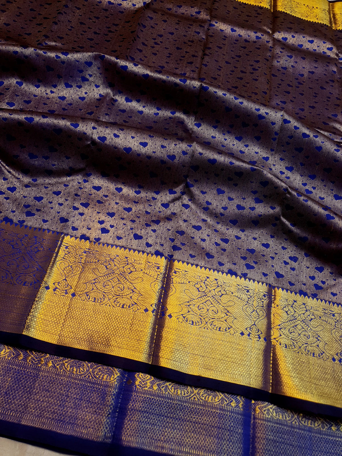 2G Pure Kanjivaram Silk Saree in Antique Grey with Royal Blue Heart Buttas & Rich Gold Zari Border | Silkmark Certified