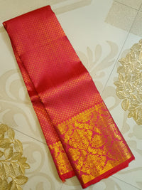 2G Pure Kanjivaram Silk Saree in Rich Pink Red with Gold Zari Checks & Floral Brocade Border | Silkmark Certified