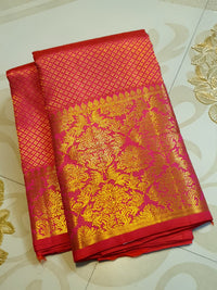 2G Pure Kanjivaram Silk Saree in Rich Pink Red with Gold Zari Checks & Floral Brocade Border | Silkmark Certified
