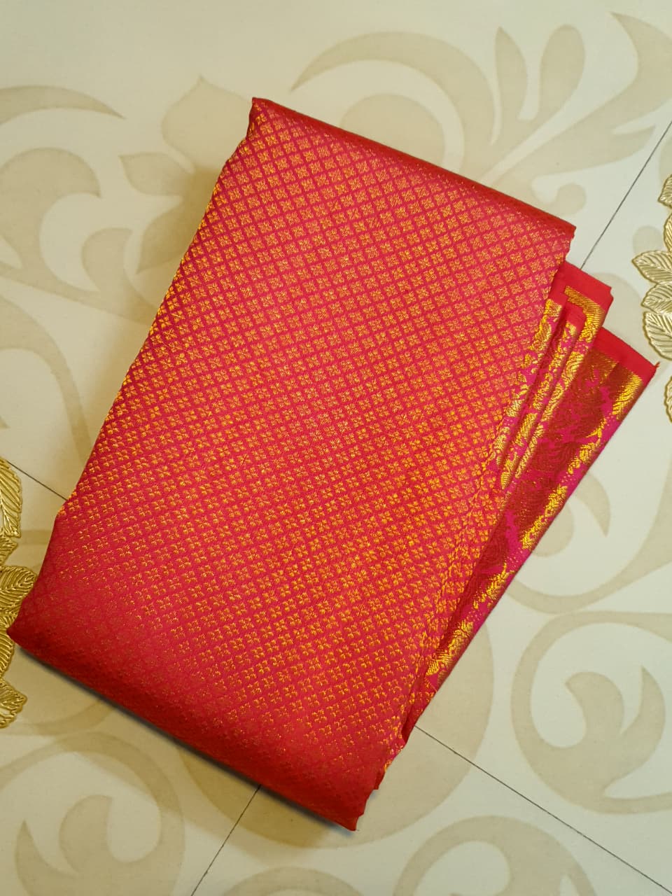 2G Pure Kanjivaram Silk Saree in Rich Pink Red with Gold Zari Checks & Floral Brocade Border | Silkmark Certified