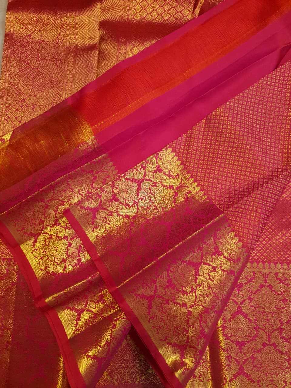 2G Pure Kanjivaram Silk Saree in Rich Pink Red with Gold Zari Checks & Floral Brocade Border | Silkmark Certified