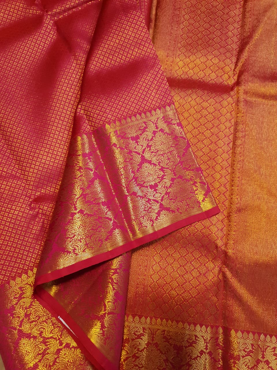 2G Pure Kanjivaram Silk Saree in Rich Pink Red with Gold Zari Checks & Floral Brocade Border | Silkmark Certified