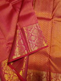2G Pure Kanjivaram Silk Saree in Rich Pink Red with Gold Zari Checks & Floral Brocade Border | Silkmark Certified
