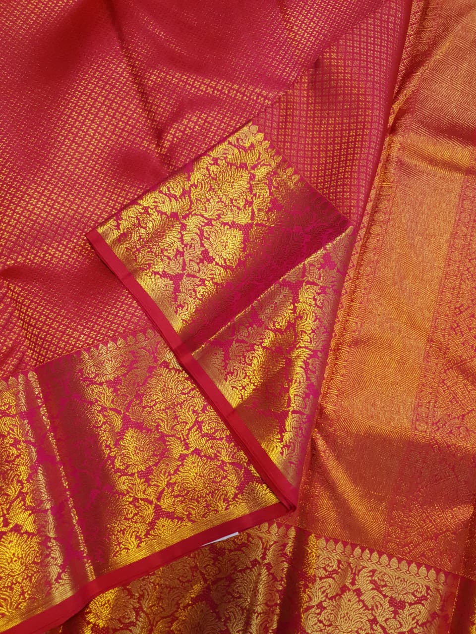 2G Pure Kanjivaram Silk Saree in Rich Pink Red with Gold Zari Checks & Floral Brocade Border | Silkmark Certified
