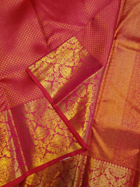 2G Pure Kanjivaram Silk Saree in Rich Pink Red with Gold Zari Checks & Floral Brocade Border | Silkmark Certified