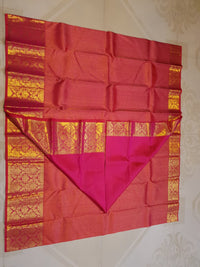 2G Pure Kanjivaram Silk Saree in Rich Pink Red with Gold Zari Checks & Floral Brocade Border | Silkmark Certified