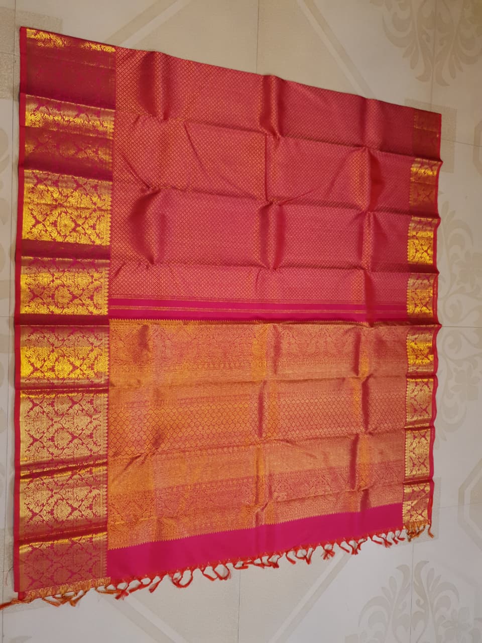 2G Pure Kanjivaram Silk Saree in Rich Pink Red with Gold Zari Checks & Floral Brocade Border | Silkmark Certified