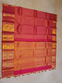 2G Pure Kanjivaram Silk Saree in Rich Pink Red with Gold Zari Checks & Floral Brocade Border | Silkmark Certified