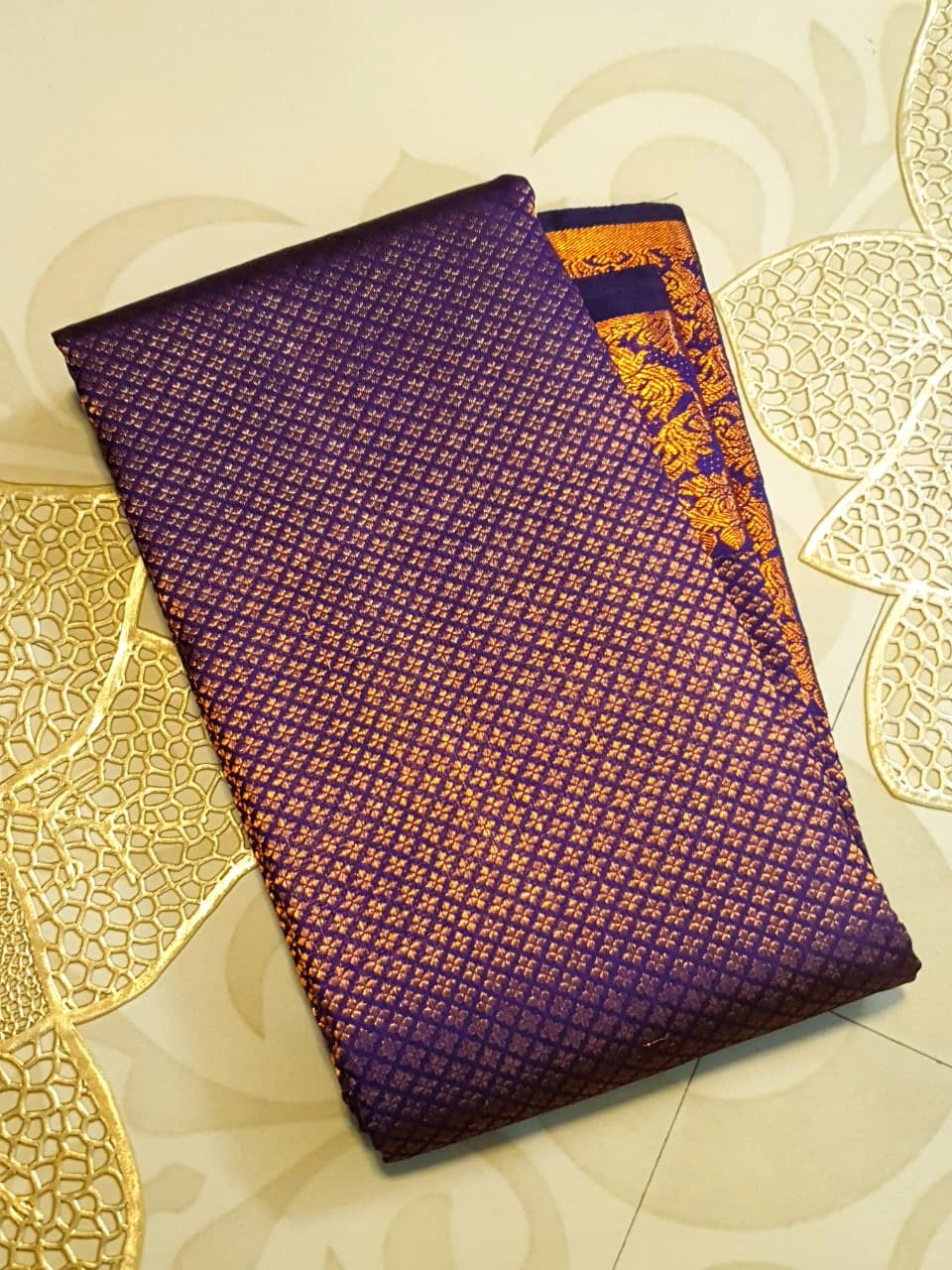 2G Pure Kanjivaram Silk Saree in Navy Blue with Fine Gold Zari Checks & Rich Floral Zari Border | Silkmark Certified