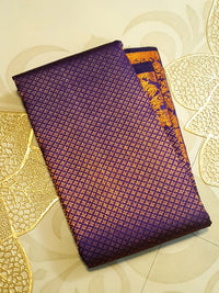 2G Pure Kanjivaram Silk Saree in Navy Blue with Fine Gold Zari Checks & Rich Floral Zari Border | Silkmark Certified