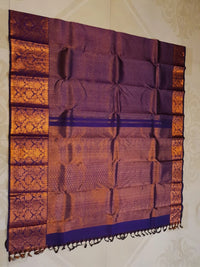 2G Pure Kanjivaram Silk Saree in Navy Blue with Fine Gold Zari Checks & Rich Floral Zari Border | Silkmark Certified