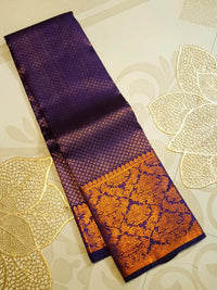 2G Pure Kanjivaram Silk Saree in Navy Blue with Fine Gold Zari Checks & Rich Floral Zari Border | Silkmark Certified