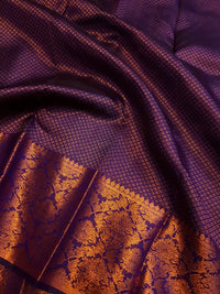 2G Pure Kanjivaram Silk Saree in Navy Blue with Fine Gold Zari Checks & Rich Floral Zari Border | Silkmark Certified